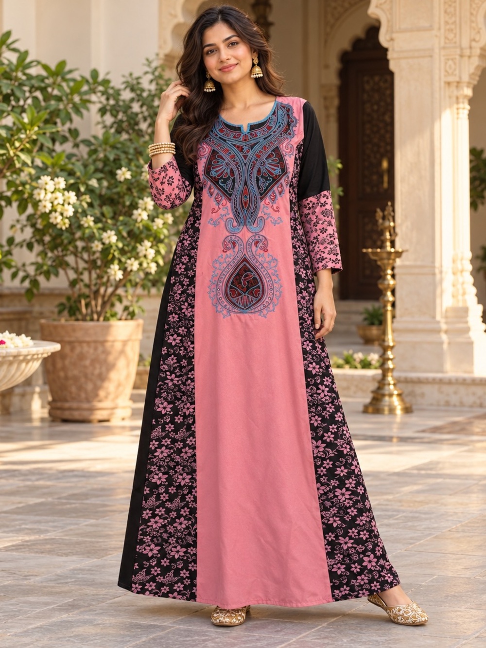 Nile Jewel Embroidered Pink Floral Maxi Dress Size L